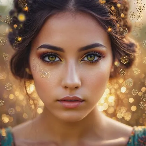 mystical portrait of a girl,golden eyes,women's eyes,gold filigree,gold glitter,faery,gold eyes,glitter eyes,romantic portrait,fantasy portrait,vintage makeup,eyes makeup,faerie,golden color,golden flowers,fairy dust,golden wreath,polynesian girl,gold flower,golden crown,Photography,General,Commercial