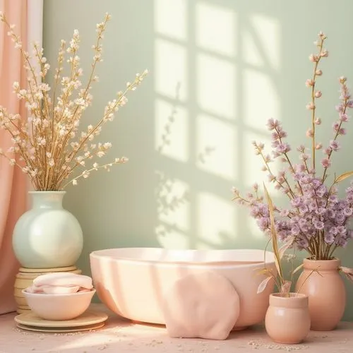 soprano lilac spoon,pastel wallpaper,pastel colors,flower bowl,vintage lavender background,giaimo,wisteria shelf,easter décor,gold-pink earthy colors,flower vases,wooden flower pot,terracotta flower pot,potted flowers,corner flowers,copper vase,spring background,vintage flowers,garden pot,lavender blush,teacup arrangement,Photography,General,Realistic