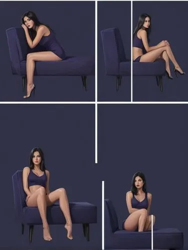 Create a body study of this girl in the style of a comic page with 4 pictures: 1. (left) close-up, 2. sitting, 3. standing (right) and 4. (below) lying on a chaise longue.,a collage of pos of woman si