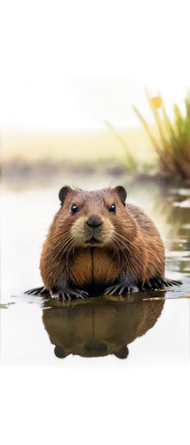 Beaver, animal, rodent, semi-aquatic, brown fur, flat tail, webbed hind legs, sharp incisors, whiskers, water plants, pond, lake, riverbank, morning mist, soft sunlight, 3/4 composition, shallow depth