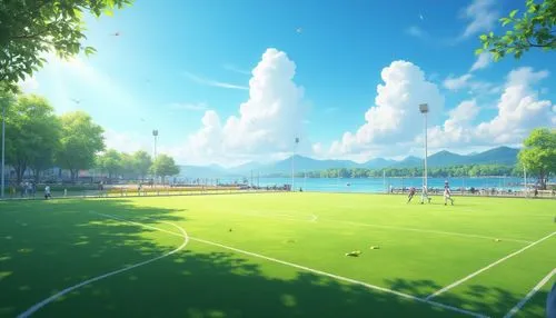 soccer field,tennis court,football pitch,forest ground,athletic field,baseball field,playing field,football field,baseball diamond,schoolyard,sports ground,ballcourt,sportpark,seigaku,summer day,children's soccer,pitch,blooming field,football stadium,hosoda,Photography,General,Realistic