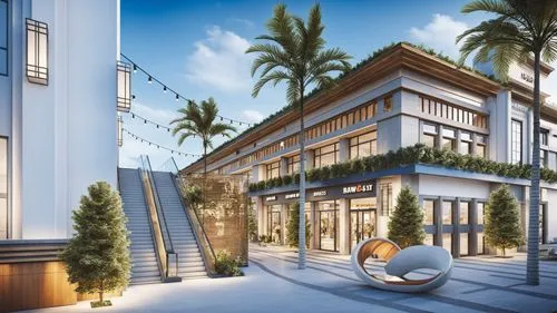 Create a professional and eye-catching 3D render of a modern shopping complex that highlights its architectural elegance, functionality, and vibrant atmosphere. The render should showcase a sleek, con