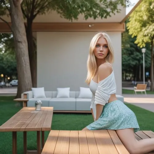 An amazing model with long blonde hair walking in the park, alone, near bench. Her eyes are green, lucid and sensual. She has a slim figure with huge breasts. She's wearing white top and short mini sk