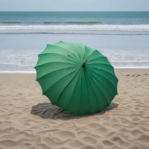 an beach green umbrella standing alone on the beach at noon,beach umbrella,cocktail umbrella,chair and umbrella,summer umbrella,japanese umbrella,summer beach umbrellas,aerial view umbrella,beach furn