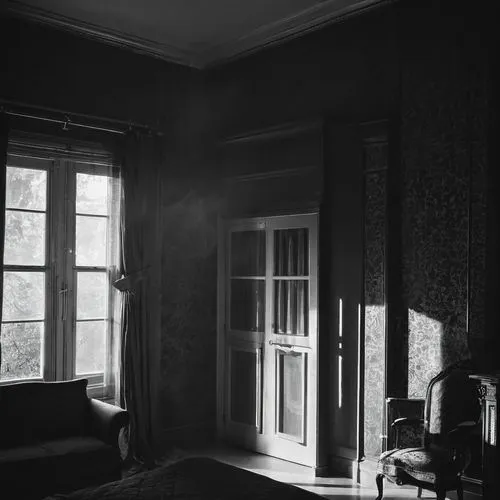 chiaroscuro,chambre,victorian room,sudek,dark cabinetry,abandoned room,bedroom window,bedroom,anteroom,bedchamber,assay office in bannack,noir,empty interior,bellocchio,oscuro,sleeping room,sitting room,upstairs,parlor,cold room,Photography,Black and white photography,Black and White Photography 08