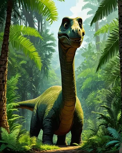 A sauropod dinosaur (((Diplodocus))) lazily munches on cycad foliage in the Jurassic Period, leaning in close to the viewer, detailed face, dinosaur, tropical climate, natural history.,Diplodocus look