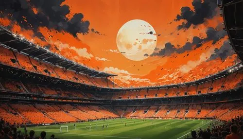 An enormous and awesome beautiful orange image with millions mini-splotch concept art anime and Dutch style watercolour rendition of a dutch soccer team after winning the semifinals, digital concept a