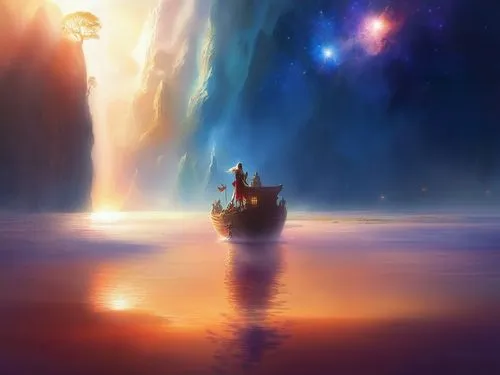 fantasy picture,fantasy landscape,pillars of creation,fantasy art,boat landscape,space art,astronomy,3d fantasy,adrift,dream world,rainbow and stars,universe,the universe,world digital painting,journey,imagination,travelers,dreamland,fantasy world,star ship,Illustration,Realistic Fantasy,Realistic Fantasy 01