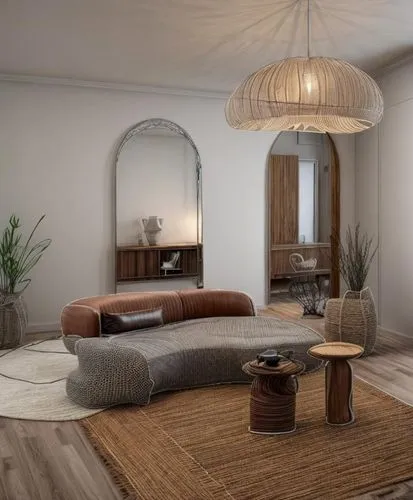 Boho shake,wood,the wooden ones,blanket, bokla  fabric sofa , white sofa ,straw lamp,shadow,niches,decoration, plans, flower pots,rug,parquet , fix the arc, add a view ,3d rendering,modern living room