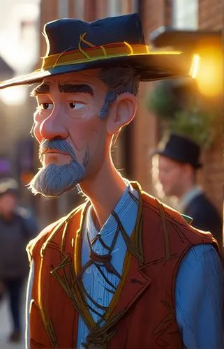 a 45 year old man in a sut wearing a hat in the street of london,cartoon image of a man with a top hat and a vest,lumbago,sfm,copperman,jebediah,pilgrim,scummvm,Illustration,Vector,Vector 13