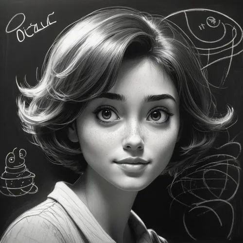 pixie-bob,girl drawing,girl portrait,digital painting,pixie,clementine,romantic portrait,pixie cut,world digital painting,illustrator,girl with speech bubble,portrait of a girl,study,fantasy portrait,retouch,potrait,retro girl,artist portrait,digital art,rosa ' amber cover,Illustration,Black and White,Black and White 08