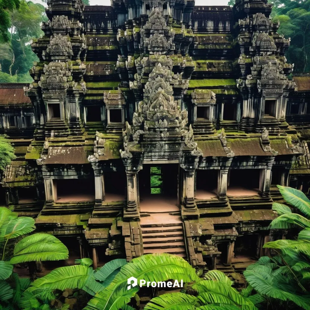 Ancient Khmer architecture, Angkor Wat style, intricate carvings, stone walls, ornate temples, grandeur entrance, five-tiered pyramidal structure, nagas and garudas adorning the walls, lush jungle sur