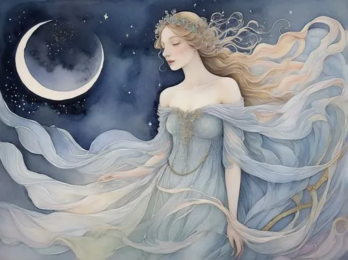 the snow queen,imbolc,peignoir,amalthea,queen of the night,blue moon rose,constellation swan,white rose snow queen,moonflower,amphitrite,nightdress,moonbeam,undine,dreamtime,moonchild,faerie,sedna,melian,behenna,diwata,Art,Classical Oil Painting,Classical Oil Painting 43