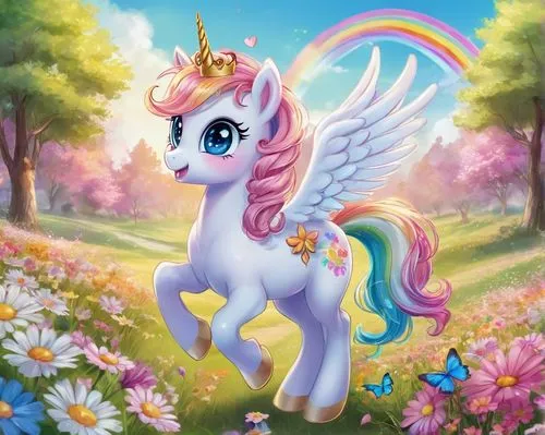 My Little Pony OC, cute, colorful, magical, unicorn, sparkling horn, flowing mane, bright blue eyes, blush, gentle smile, delicate wings, pastel rainbow colored tail, wearing a tiny crown, holding a h