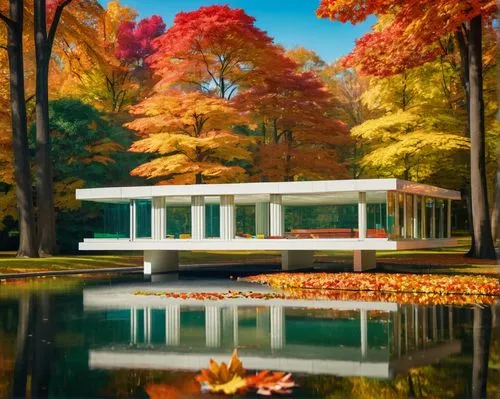 pool house,mid century house,midcentury,autumn camper,fall landscape,autumn park,mid century modern,autumns,autumn in the park,modernism,gazebos,boathouse,autumn background,gazebo,mirror house,pavillion,pavilion,autumn frame,reflecting pool,autumn idyll,Illustration,Realistic Fantasy,Realistic Fantasy 38