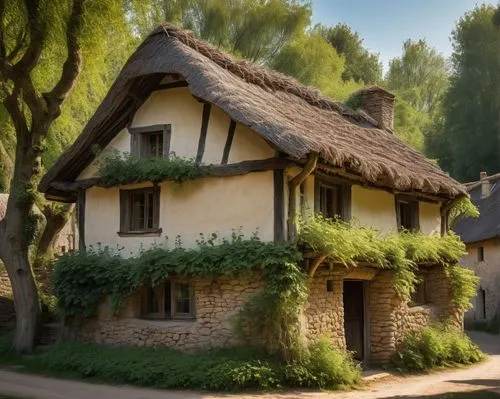 Wattle and daub architecture, ancient medieval European style, rustic countryside village, thatched roof cottage, mud and straw mixture, wooden framework, woven branches, natural earthy tone, intricat