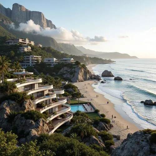 \Scenic coastal landscape, sandy beaches, rocky shores, majestic cliffs, ocean waves, salty mist, sea breeze, modern coastal architecture, curved lines, glass balconies, wooden decks, nautical themes,