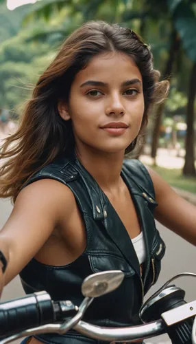 A girl resembling kelly riding a motorcycle in the park in the summer of Rio de Janeiro in the 90s,motorcycle tours,biker,woman bicycle,motorcycle accessories,motorcycle racer,social,motorcycling,bicy