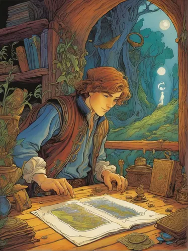 Imagine Elliot Adler discovering a mysterious clue that leads to a hidden treasure.,hans christian andersen,book illustration,game illustration,jrr tolkien,hobbit,farmer in the woods,magic book,hand-d