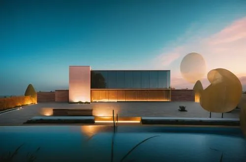 glass on top bricks woodpanelling under  black steel windows tiles landscape garden trees blue sky pool people night view villa park summer sunlight Spotlights ,the lights are glowing on the building 