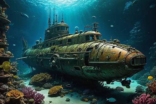 submersible,underwater playground,sunken ship,marine tank,semi-submersible,sunken boat,tank ship,undersea,landing ship  tank,ship wreck,deep sea diving,underwater world,underwater diving,the wreck of the ship,under sea,submarine chaser,bottom of the sea,ocean underwater,the bottom of the sea,deep sea,Conceptual Art,Daily,Daily 34