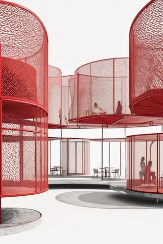 future social pods minimalist architecture in Puerto Rico made with red pale metal mesh biomimicry volume,will free enclosure,school design,archidaily,room divider,enclosure,cubic house,3d rendering,s