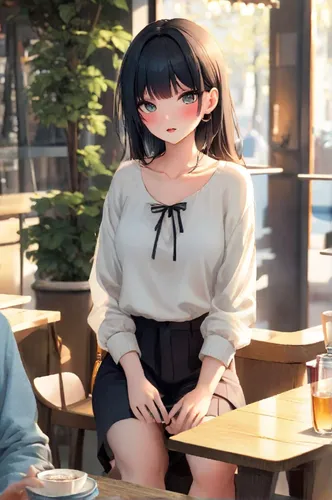 anime japanese clothing,anime 3d,honmei choco,drinking coffee,izakaya,sitting on a chair,烧乳鸽,pub,anime girl,girl sitting,cafe,date,japanese idol,woman at cafe,dating,coffee shop,picnic table,3d crow,t