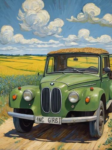 Imagine a heartwarming story where a family takes a road trip in their BMW pickup truck, exploring beautiful countryside.,wolseley hornet,wolseley 4/44,austin fx4,ford prefect,mg cars,mg midget,rover 