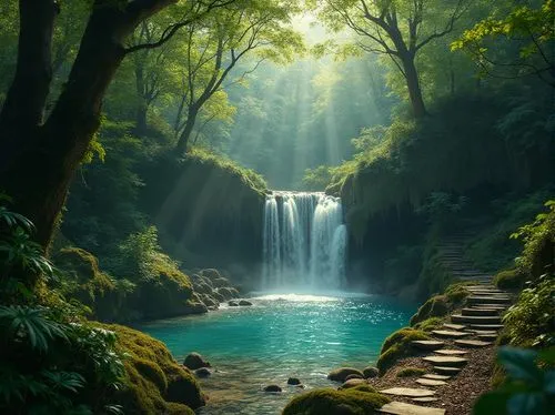 \Mystical forest, lush greenery, twinkling waterfalls, serene teal hues, weathered wood accents, natural stone pathways, moss-covered trees, warm sunlight filtering through leaves, soft misty atmosphe