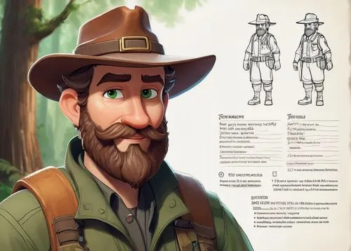  A 40-year-old man with small chestnut-colored beard, dressed in forest ranger clothing and wearing a cap. He has green eyes and carries the appearance of a quiet, wise man with a calm and taciturn de