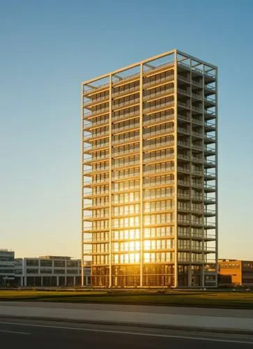 the modern building stands tall in the center of a bustling city square. The building is adorned with intricate details and ornate flowers that seem to dance in the sunlight. The walls are made of gla