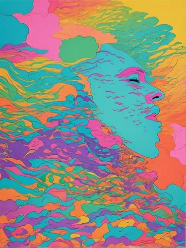 Vector artwork, psychedelic filter, different colours of pastels,an abstract painting of a woman with her eyes closed,pop art background,colorful foil background,psychedelia,colorful doodle,colorful b