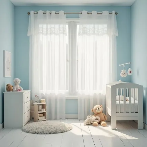 Soothing nursery, baby blue walls, white furniture, delicate lace curtains, gentle drapes, serene atmosphere, warm softbox lighting, few toys scattered, stuffed animals sitting, baby blocks stacked, c