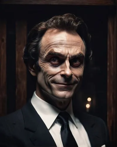 Dark, gothic atmosphere, Ted Bundy inspired character, mysterious eyes, sharp facial features, slicked back hair, elegant suit, black tie, white shirt, gloved hands, sinister smile, dimly lit backgrou