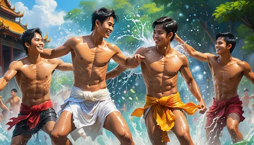 asian culture,korean culture,hot spring,water game,water fight,kawaii people swimming,buddhism,buddhists monks,water spring,water park,chinese art,water games,vietnam's,oriental painting,water lotus,viet nam,world digital painting,theravada buddhism,bathing fun,asians,Illustration,Realistic Fantasy,Realistic Fantasy 01