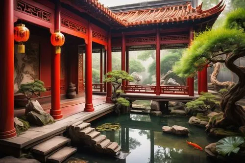 Feng Shui inspired ancient Chinese architecture, majestic temple, intricately carved dragon pillars, vibrant red walls, golden roofing, delicate lanterns, serene courtyard, peaceful koi pond, lush gre