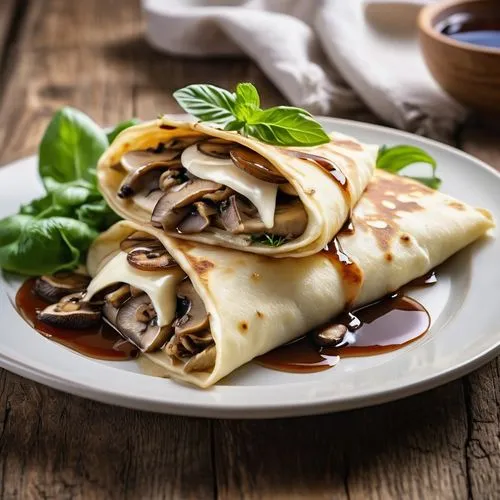 Crepe de Cogumelos com Queijo Brie
Um crepe gourmet, recheado com uma mistura de cogumelos (shimeji, shiitake, champignon) e queijo brie derretido. O crepe está dobrado ao meio, com o recheio visível 