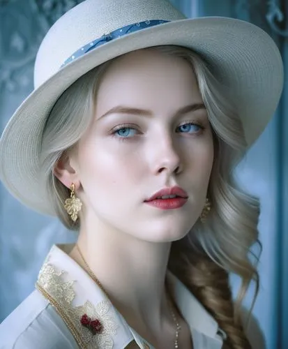 Close-up portrait of a young woman with striking features, displaying a thoughtful or introspective expression. Her face is highlighted by bright blue eyes, red lipstick, and delicate freckles dusting