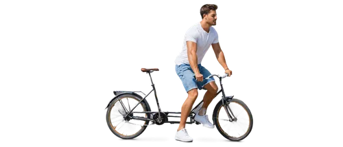 muscular man, athletic build, messy short hair, no glasses, slight sweat, casual wear, denim shorts, white T-shirt, sneakers, riding bicycle, one hand holding handlebar, leaning forward, dynamic pose,