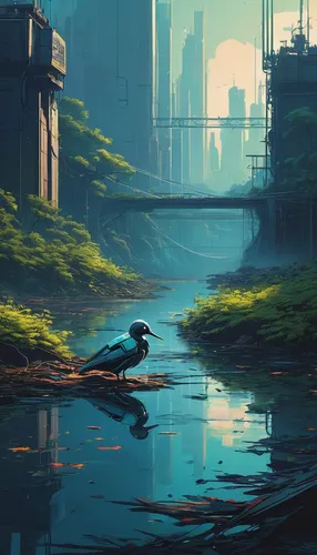 backwater,futuristic landscape,wetlands,wetland,environment,geese,swampy landscape,marsh,river landscape,swamp,industrial landscape,waterfowl,tidal marsh,fantasy landscape,bird kingdom,world digital painting,artificial island,post-apocalyptic landscape,waterway,heron,Conceptual Art,Fantasy,Fantasy 32