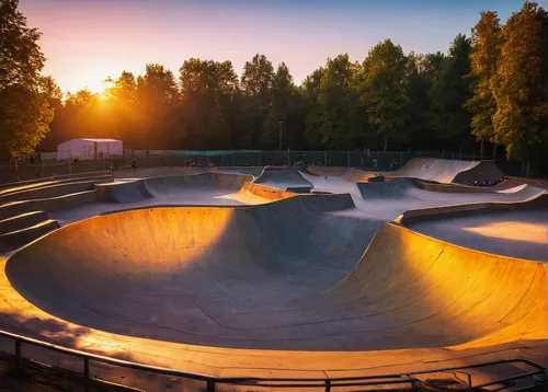 Describe a wild grinders skatepark at sunset.,halfpipe,half pipe,skatepark,fullpipe,half-pipe,skate park,olympia ski stadium,skateboarding,olympic mountain,skaters,bowl,flatland bmx,skate,skateboardin