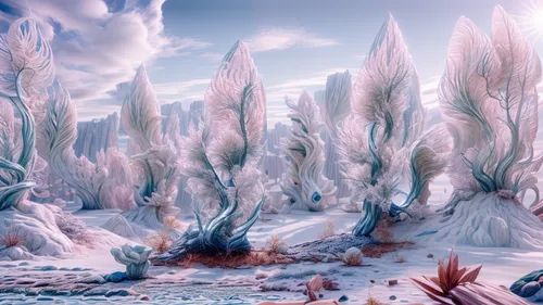 ice planet,ice landscape,mandelbulb,fractal environment,alien world,alien planet,virtual landscape,fantasy landscape,terraforming,salt meadow landscape,futuristic landscape,swampy landscape,ice castle,arid landscape,mountain plateau,ice crystals,crystalline,mushroom landscape,volcanic landscape,dune landscape