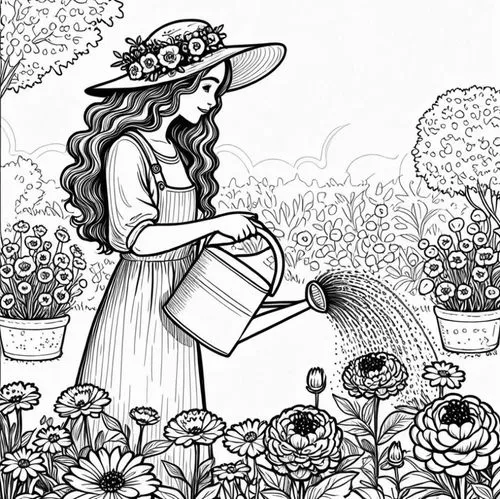 a drawing of a woman watering flowers,gardening,coloring page,coloring pages,schierke,garden petunia,schierholtz,Design Sketch,Design Sketch,Black and white Comic