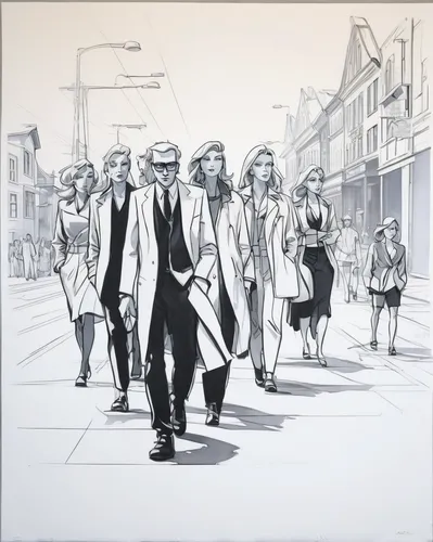 people walking,mono-line line art,pedestrian,pedestrians,cd cover,walking man,pilgrims,overcoat,mono line art,a pedestrian,shoreditch,woman walking,extinction rebellion,album cover,streetlife,vector people,office line art,group of people,cover,graduate silhouettes,Illustration,Black and White,Black and White 08