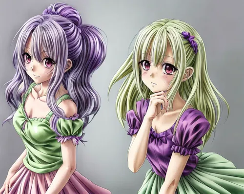 triplet lily,hairstyles,two girls,frula,trio,fairies,joint dolls,vocaloid,purple,passion flower family,anime japanese clothing,lily family,sage color,purple and pink,sisters,bean sprouts,duo,patrol,tw