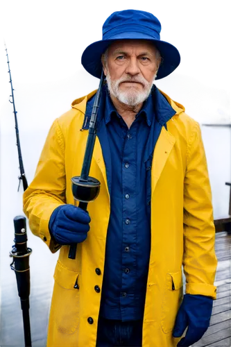 Fisherman logo, old sailor, white beard, blue eyes, wrinkled face, navy blue hat, yellow raincoat, holding fishing rod, standing on dock, morning mist, soft lighting, cinematic composition, shallow de