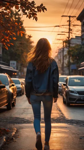 The sunset is glow, the street scene is slightly dim, the drizzle is thick, the girl's back is gradually revealed, the branches and leaves are falling, walking alone on the road.,girl walking away,gir