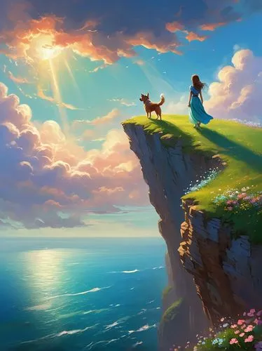 Bright colours, a girl standing on the edge of a cliff, facing the sea, blue sky and white clouds, green grass full of small flowers, a small dog following her,,studio ghibli,the horizon,horizon,cliff