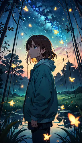 fireflies,stargazing,starry sky,falling stars,night sky,nightsky,wander,starlight,wanderer,night stars,the night sky,chara,starry,forest clover,forest of dreams,forest walk,starry night,falling star,clear night,exploration,Anime,Anime,General