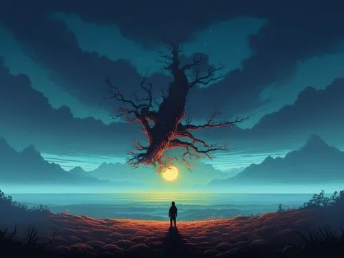 isolated tree,lone tree,silhouette art,house silhouette,lonetree,tree silhouette,dusk background,old tree silhouette,landscape background,world digital painting,beautiful wallpaper,game illustration,badland,silhouette,ghost forest,the horizon,fantasy landscape,man silhouette,barren,garrison,Illustration,Realistic Fantasy,Realistic Fantasy 25